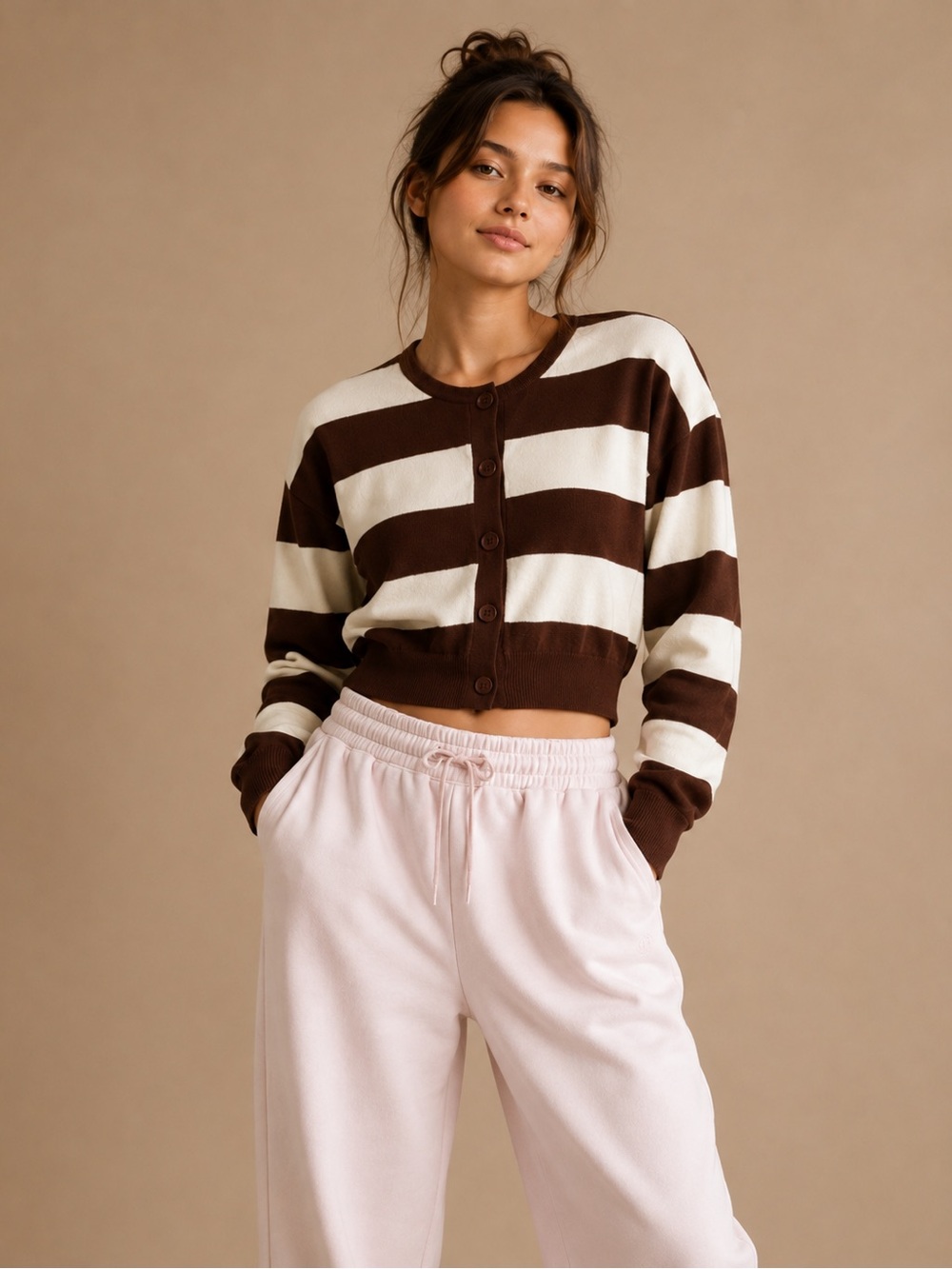 Art Class Brown & Cream Striped Cropped Cardigan XL (14)